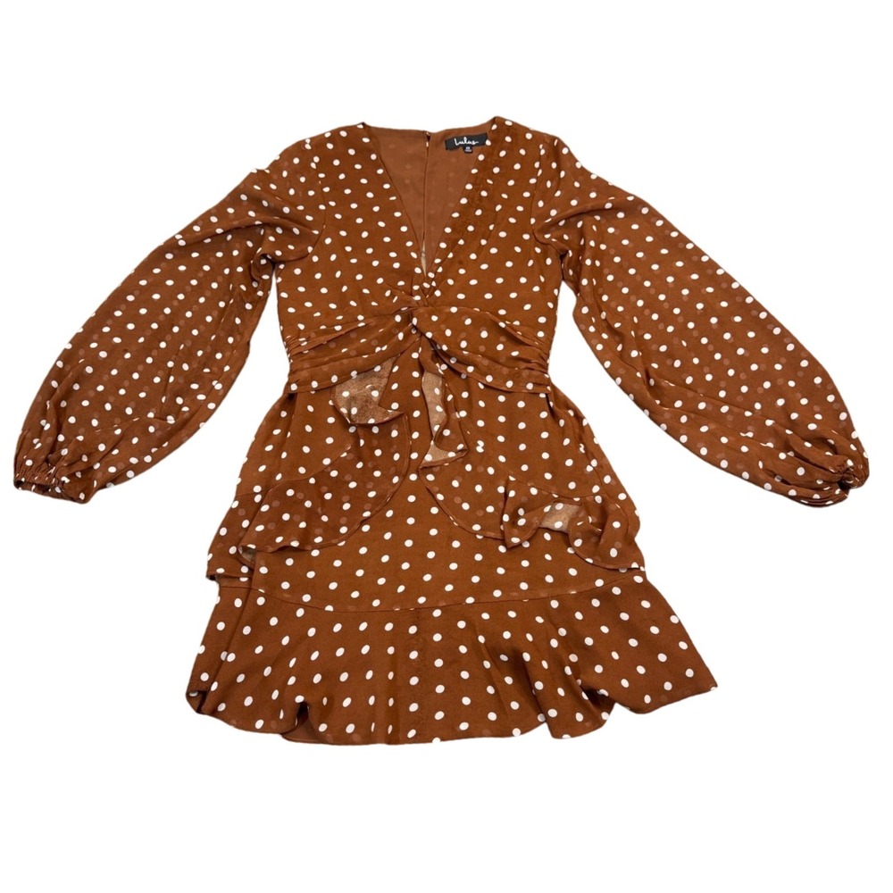 Lulus Brown Polka Dot Long Sleeve Mini Dress Ruffle‎ XS
